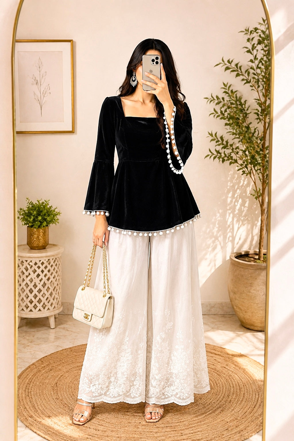 Black Velvet Bell Sleeves Peplum Top