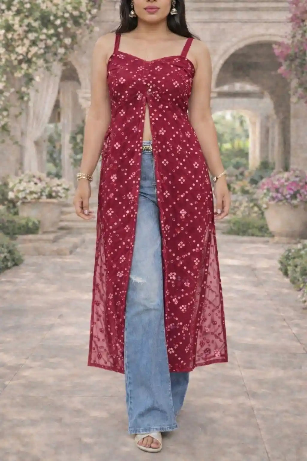 Gulnaz Maroon Embroidered Mirror Kurta