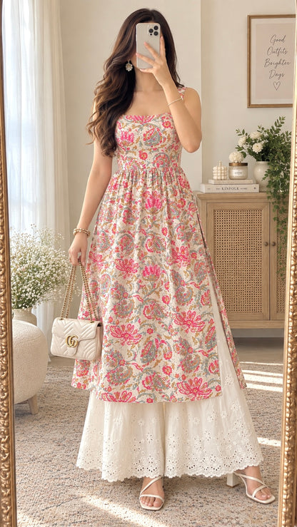 Gulnaz Blush Paisley Pleated Cotton Kurta