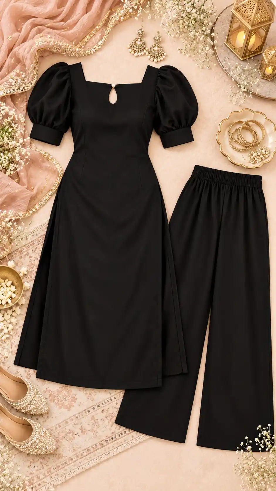 Black Elegance Puff Sleeve Kurta Set