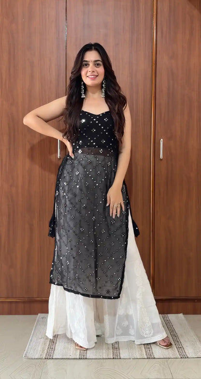 Black Hand Embellished Mirror Kurta