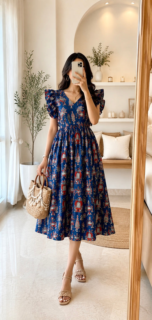 Blue Worli Frill Flared Cotton Dress