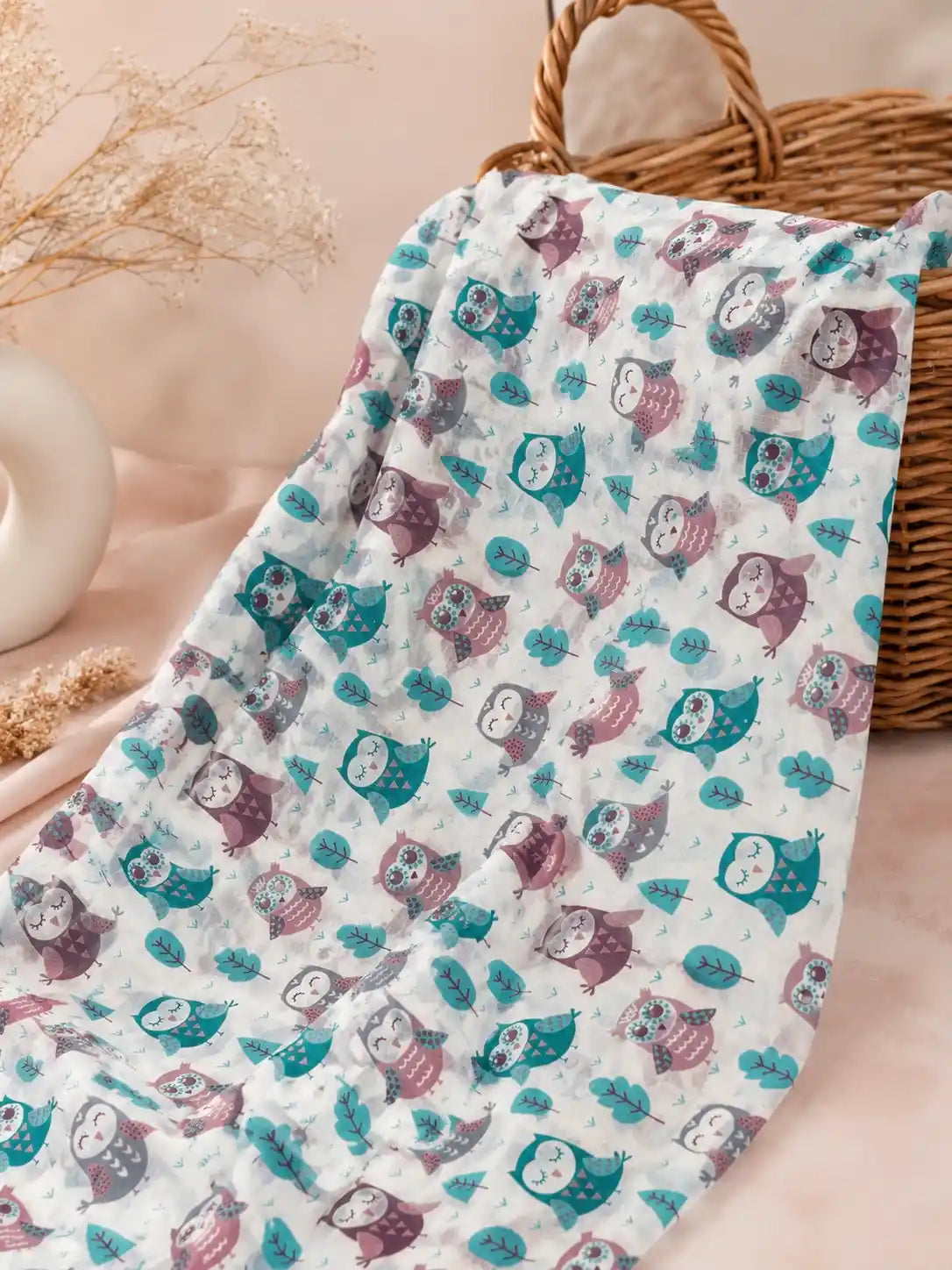 Dreamy Owl Printed Cotton Fabric Cut