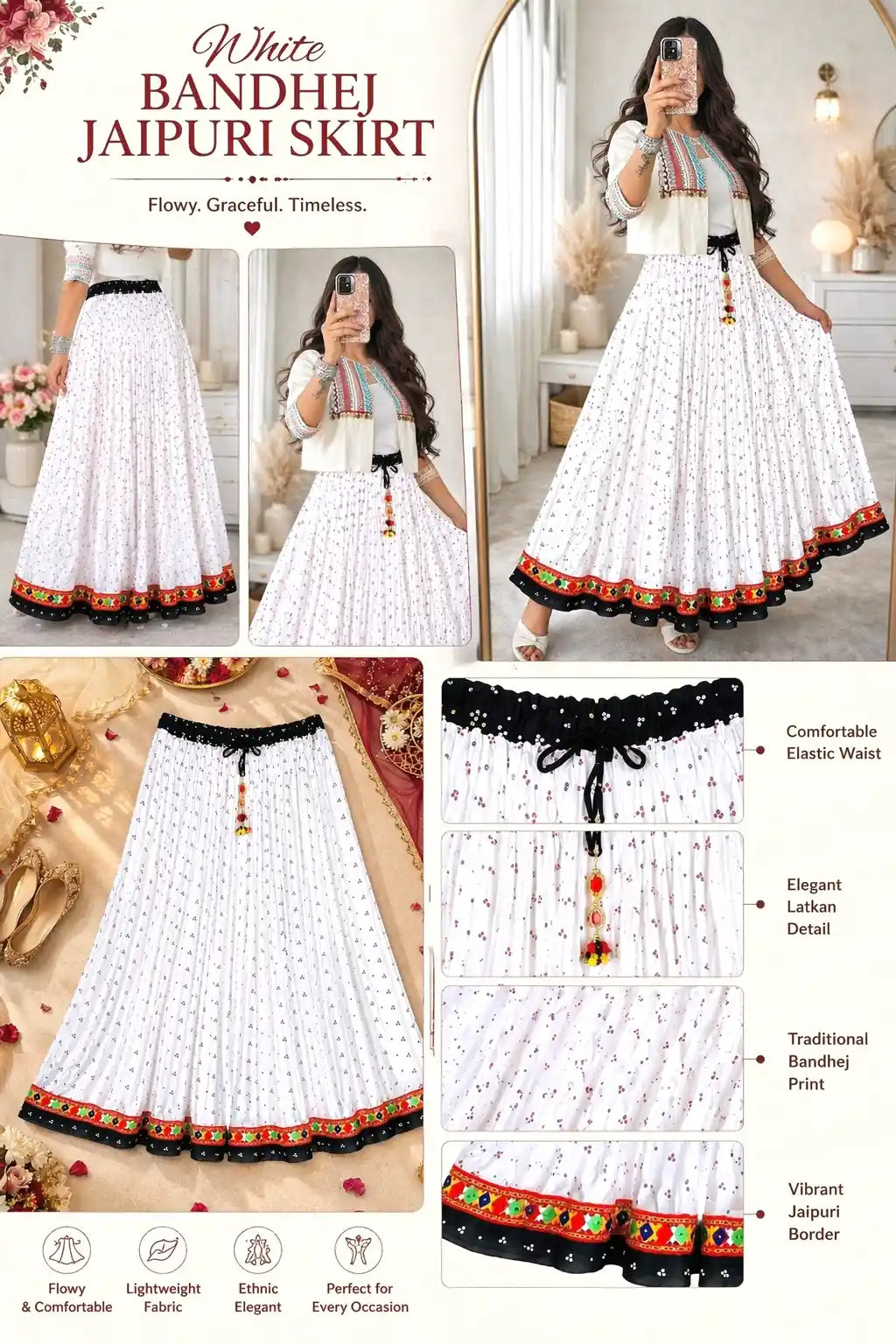 White Bandhej Jaipuri Skirt