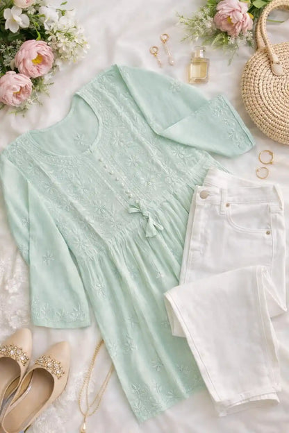 Blush Green Naaz Chikan Short Kurta