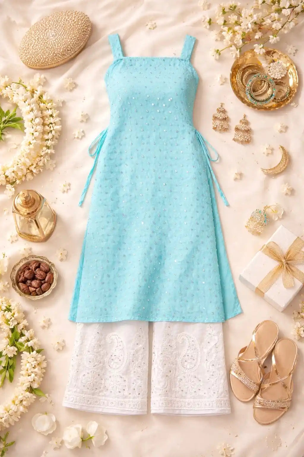 Soft Blue Mirror Blush Gulnaz Kurta