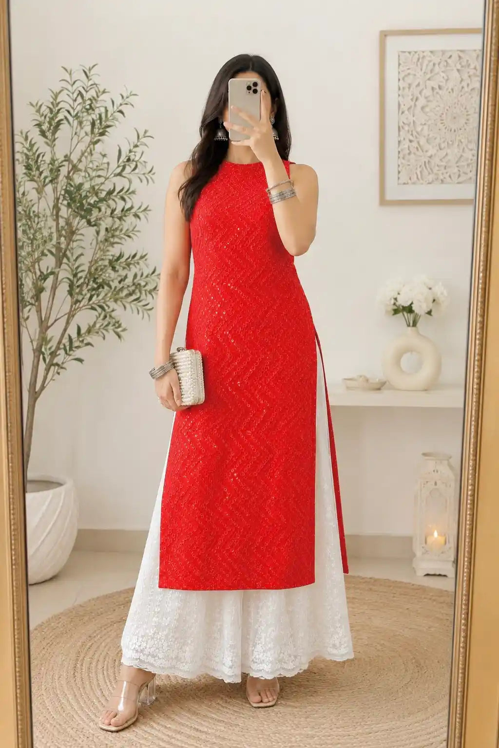 Red Sleeveless Sequin Gulnaz Kurta