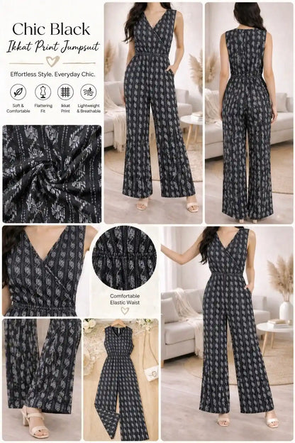 Chic Black Ikkat Print Jumpsuit