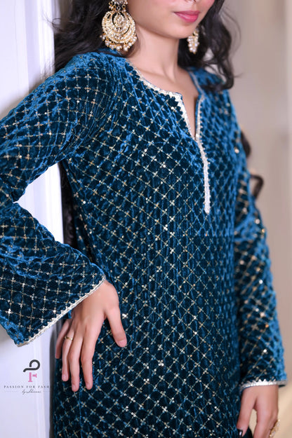 Gold Turquiose Embroidered Gulnaz Kurta