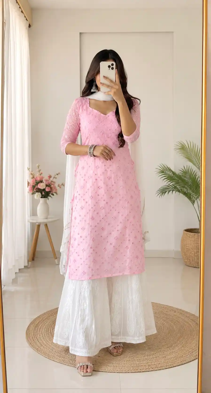 Santoshi’s Pink Mirror Embroidered Gulnaz Kurta