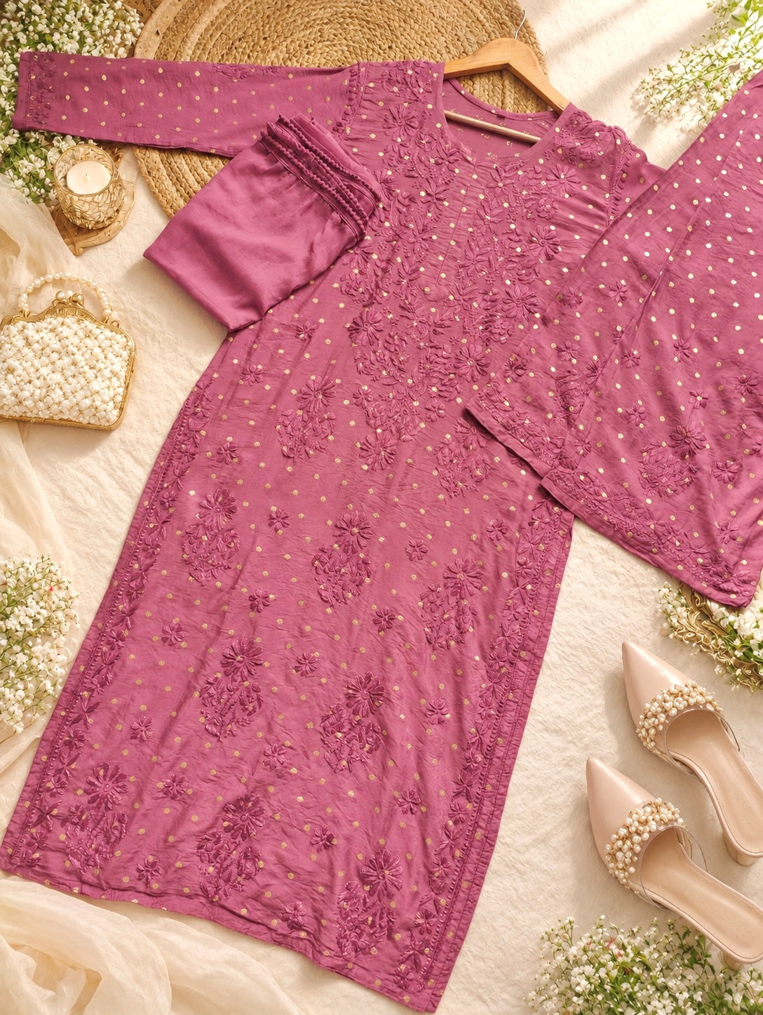 Berry Pink Chikankari Embroidery Suit Set