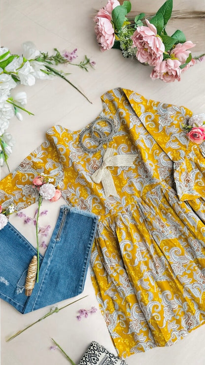 Mustard Kalamkari Jaipuri Short Top