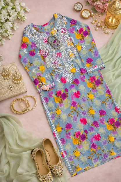 Floral Grey Fanah Mul Chikankari