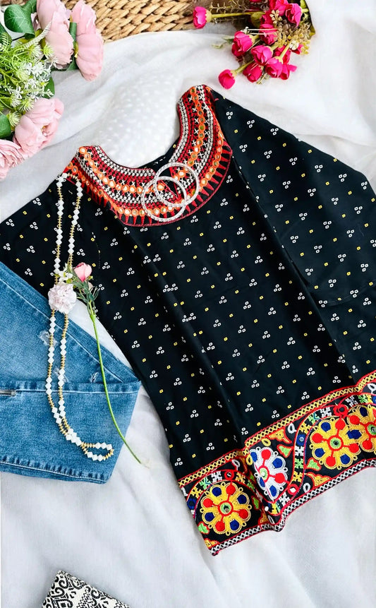 Gold Black Bandhej Short Kurta