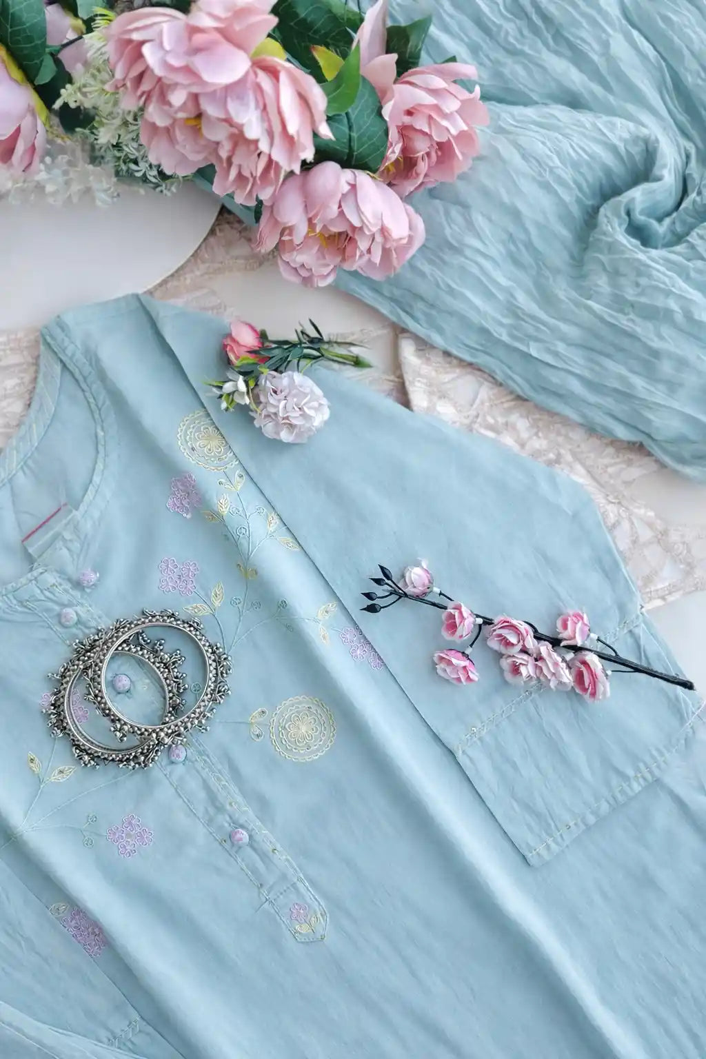 Pastel Aqua Blossom Kurta Set