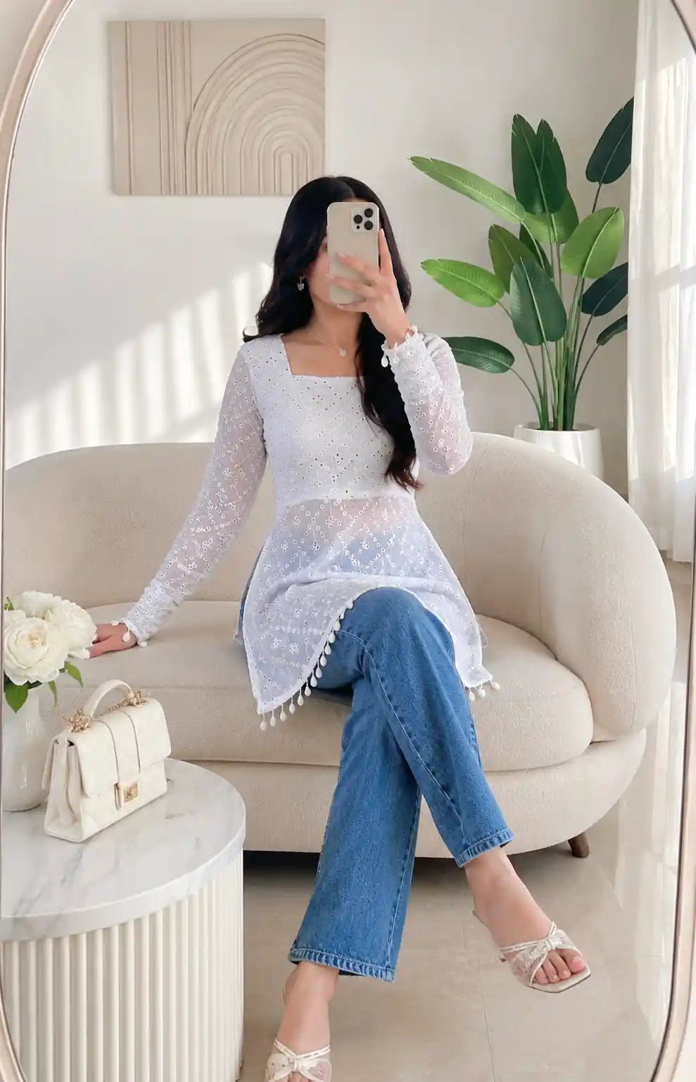 Rosy White Dori Gulnaz Embroidered Kurta