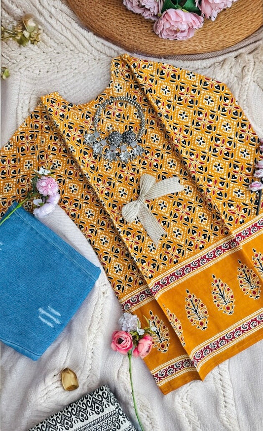 Mustard Block Rangriti Short Kurta