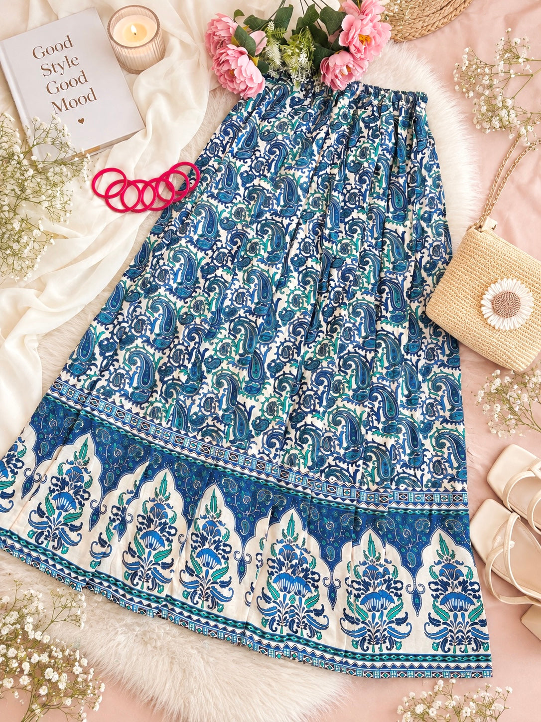 Blue Paisley Jaipuri Flared Cotton Skirt