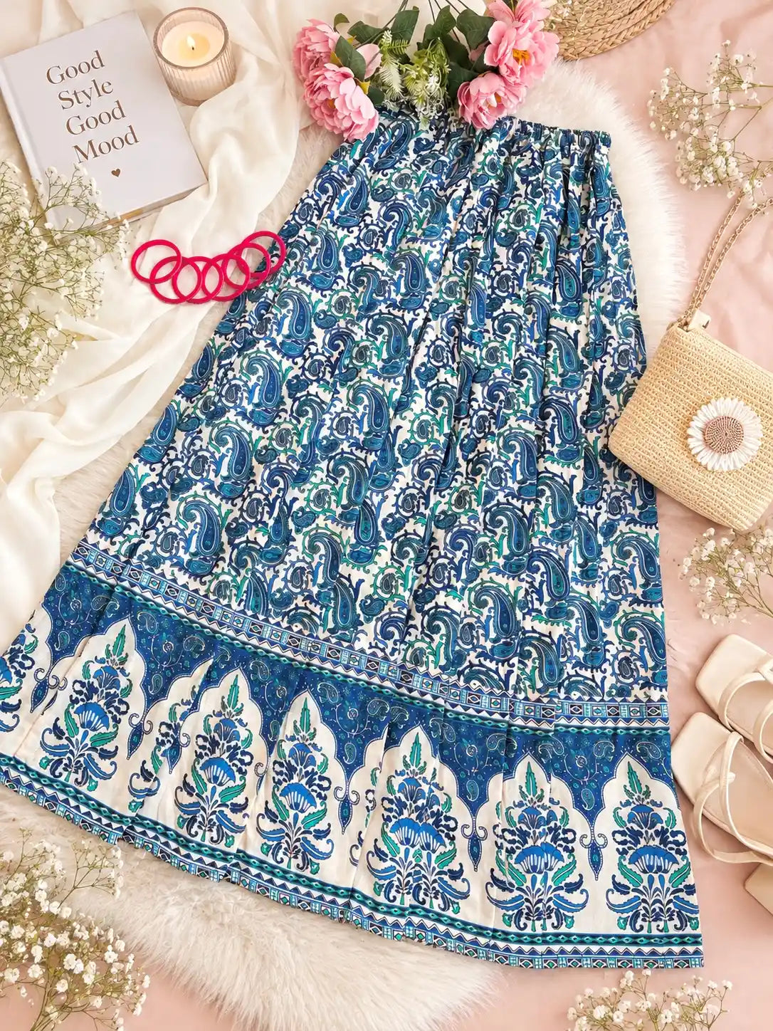 Blue Paisley Jaipuri Flared Cotton Skirt