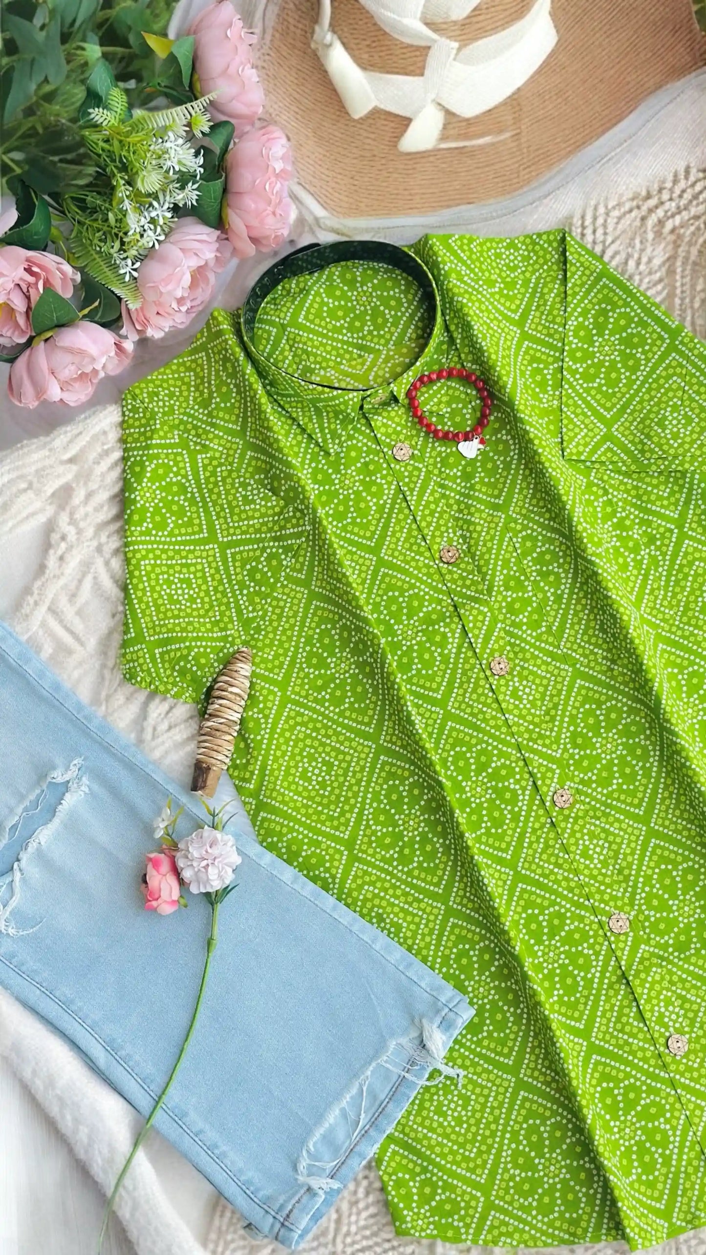 Green Bandhej Jaipuri Shirt