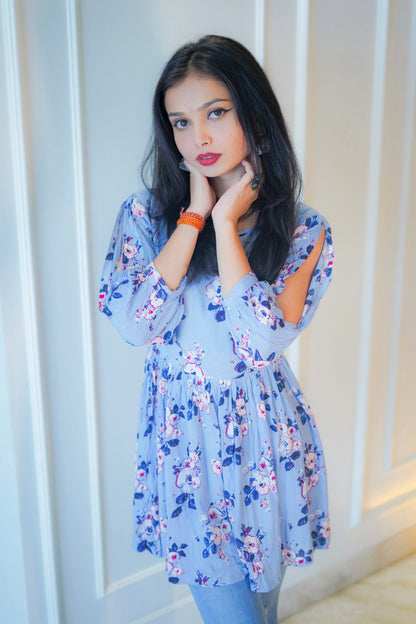 Asul Blue Floral Daisy Peplum Top