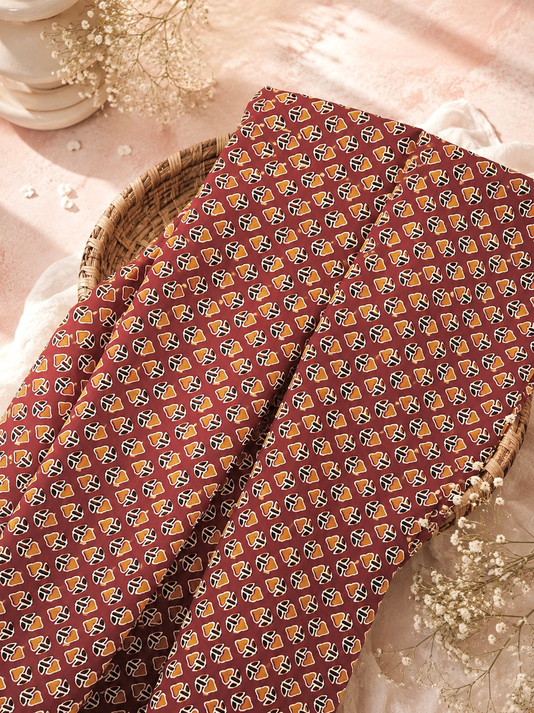Rust Brown Geometric Printed Cotton Fabric