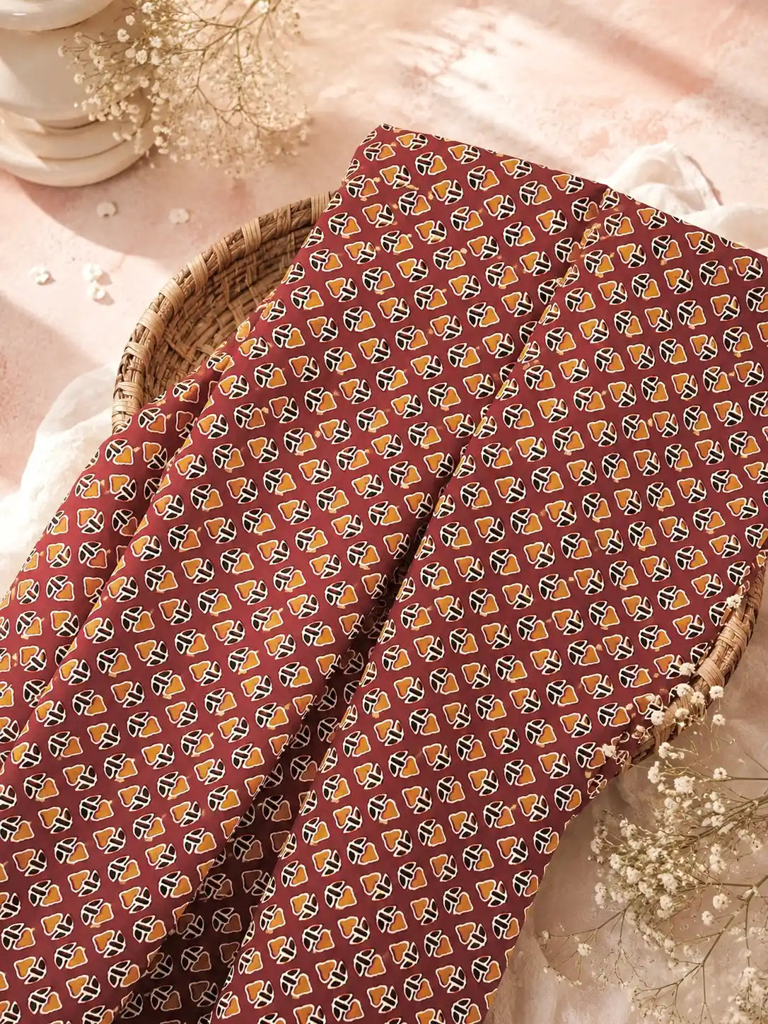 Rust Brown Geometric Printed Cotton Fabric