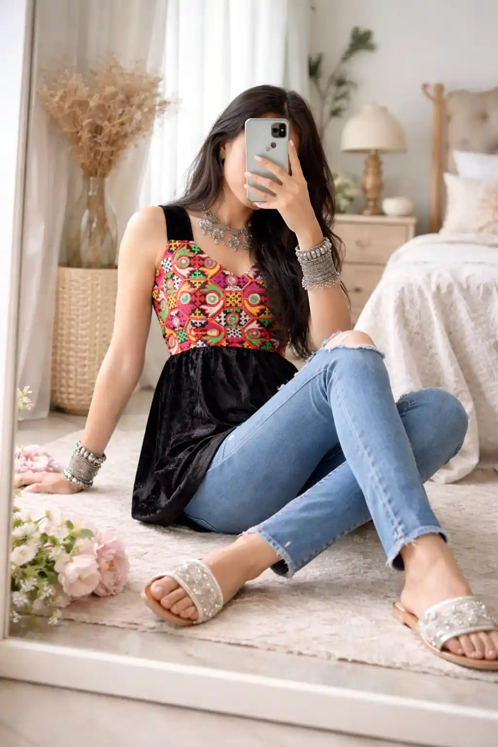 Black Gamti Embroidered Denim Fit