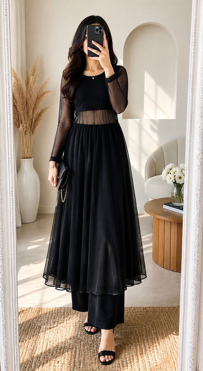 Gulnaz Black Sheer Anarkali Kurta Set