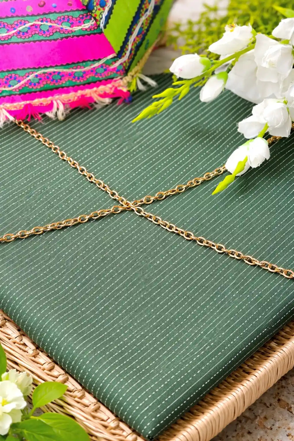 Emerald Green Handprinted MulMul Fabric Cut