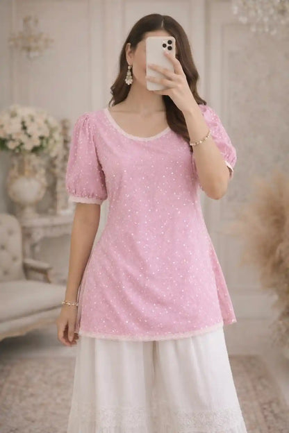 Gulnaz Pink Embroidered Short Kurta