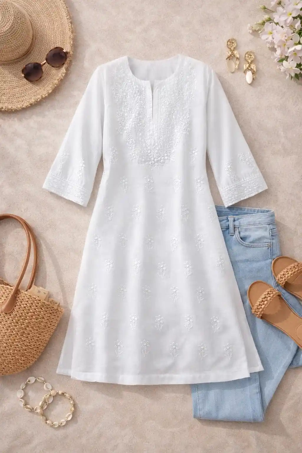 Soft White Chikan Embroidered Kurta
