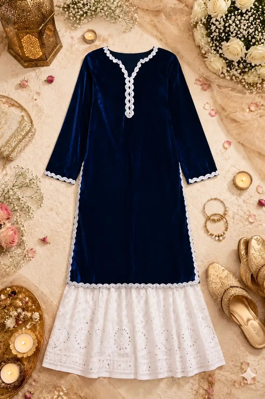Monochrome Blue Velvet Gulnaz Kurta