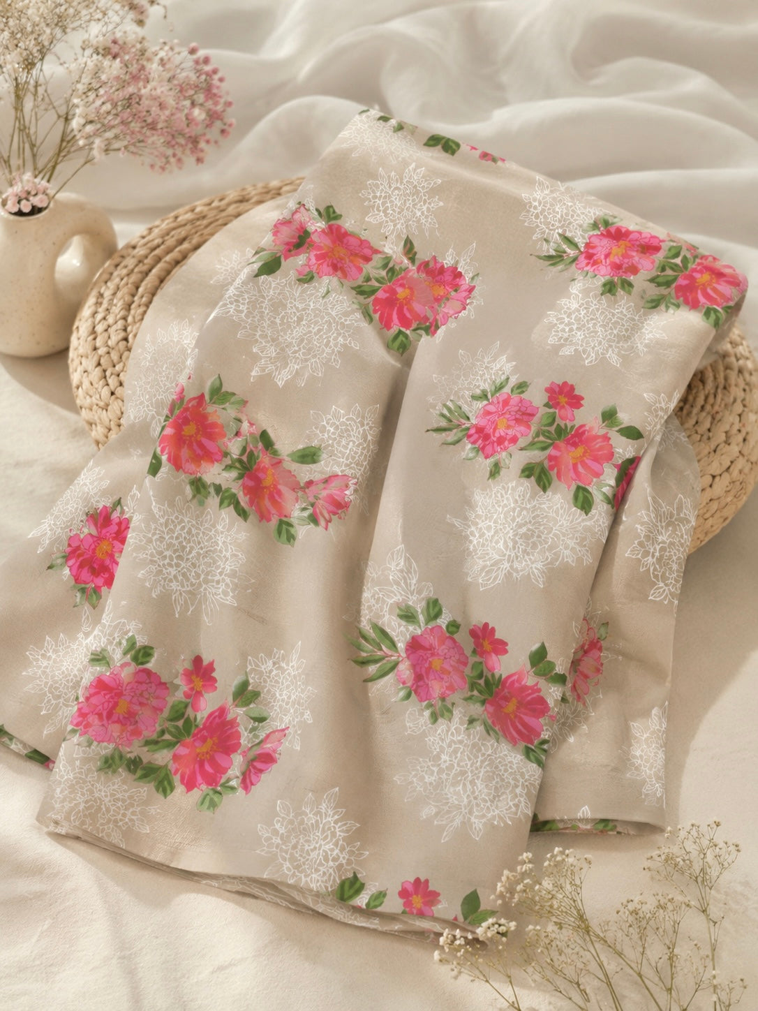 Pink Bouquet Print Cotton Fabric Cut