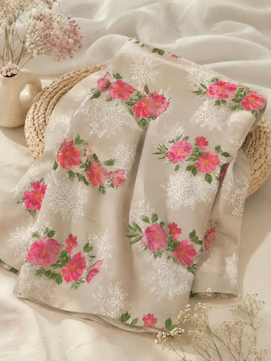 Pink Bouquet Print Cotton Fabric Cut