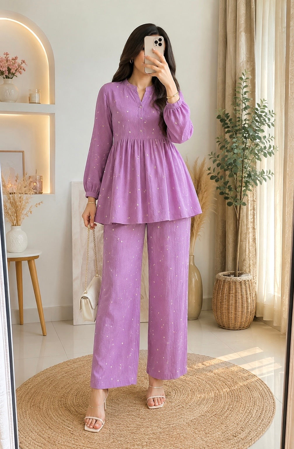 Lavender Embroidered Flared Coord Set