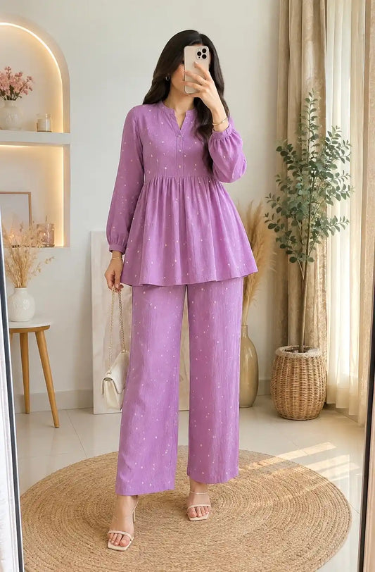 Lavender Embroidered Flared Coord Set