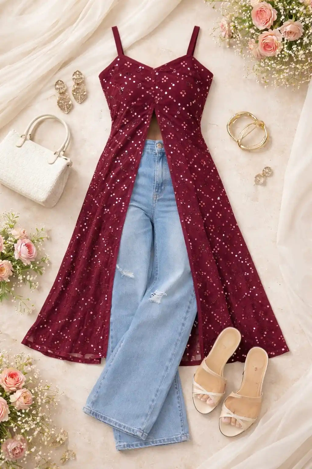 Shimmer Wine Embellished Mirror Kurta