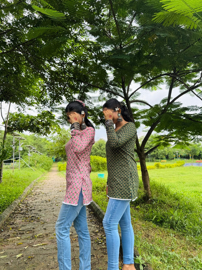 Gulmohar Green Handblock Kurti - Passion for Fashion by Shivani