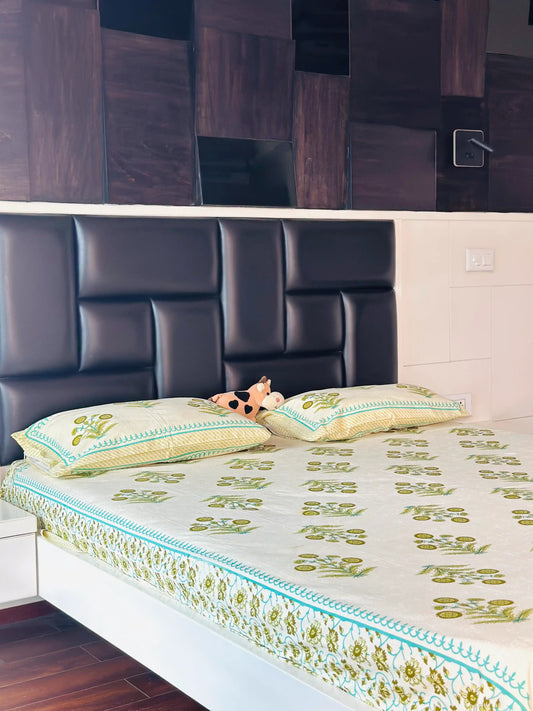 Green Block Jaipuri Bedsheet