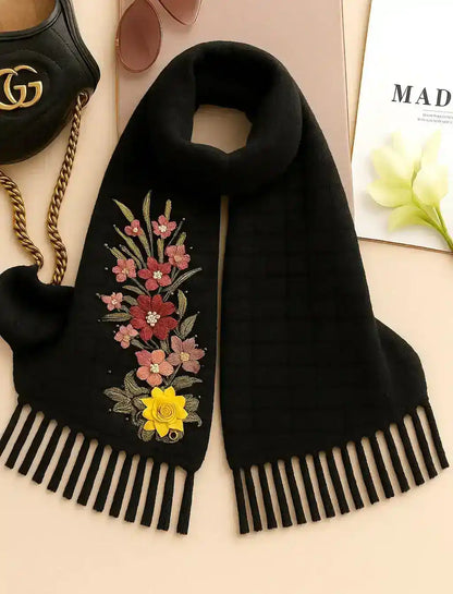 Embroidered Black Wool Winter Stole