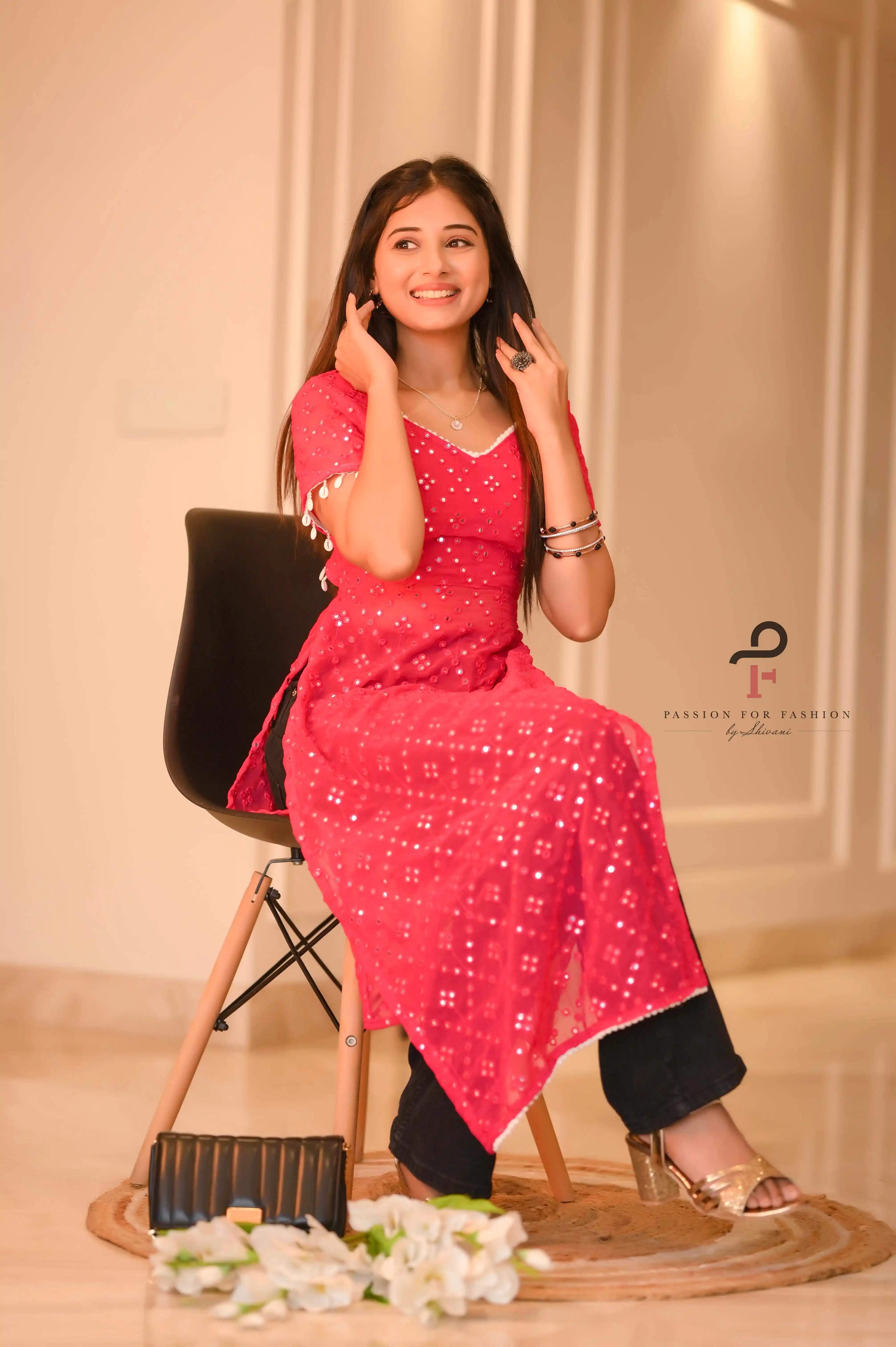 Hot Pink Embroidered Denim Gulnaz Kurta