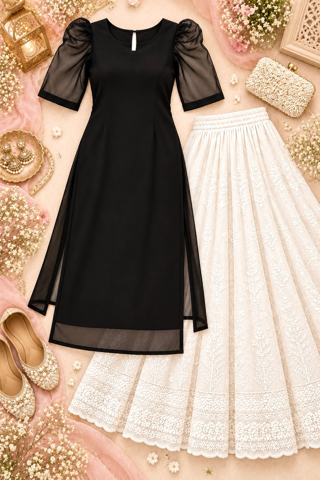 Sheer Black Puff Sleeves Kurta