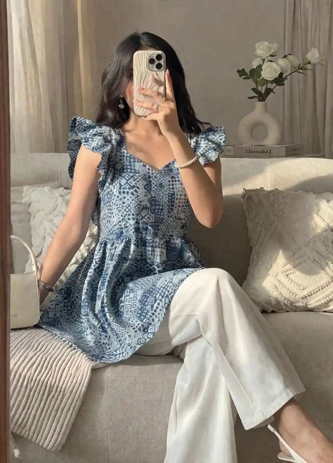 Indigo Ruffle Sleeve Tunic Top