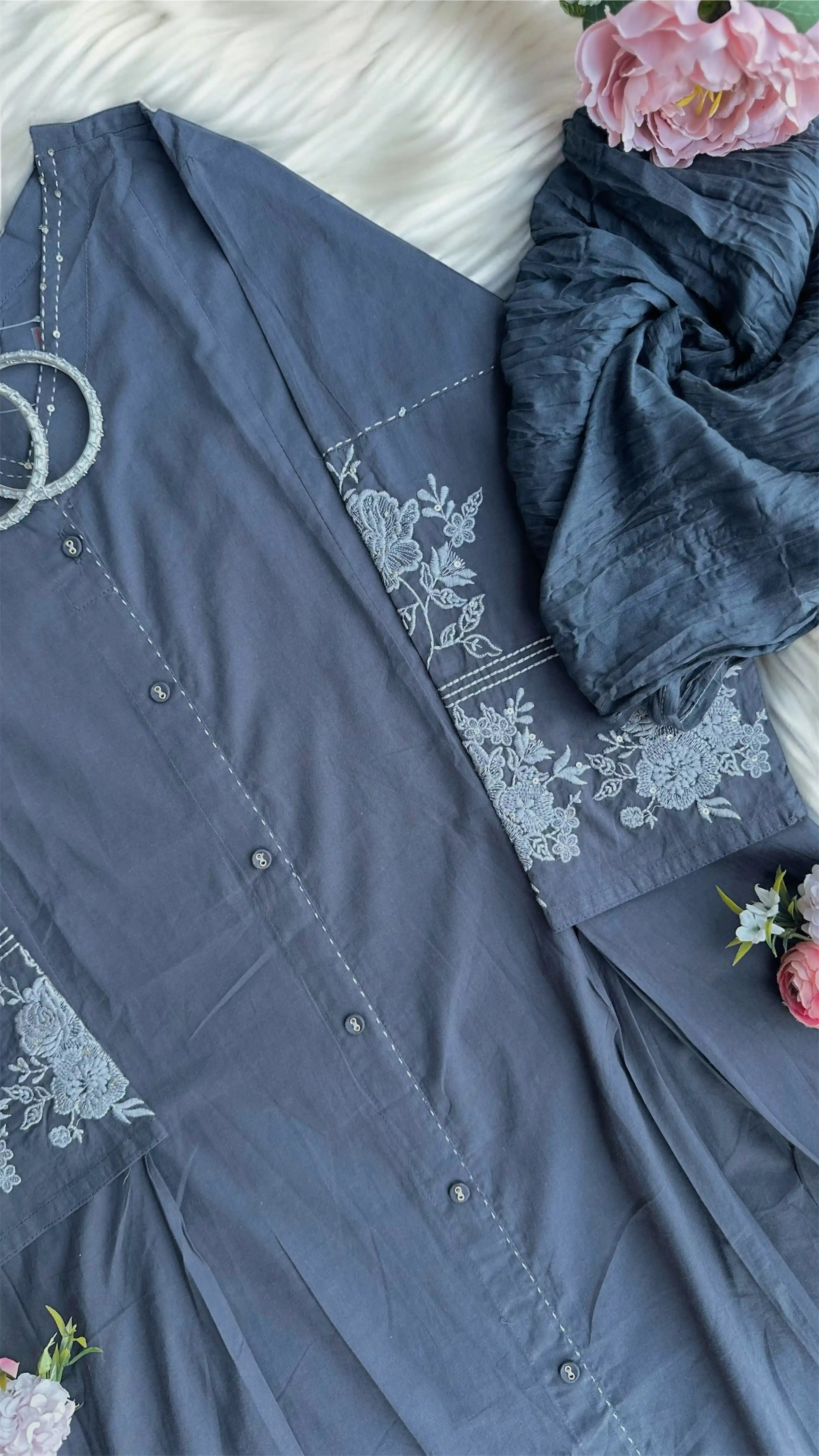 Meher Charcoal Embroidered Suit Set