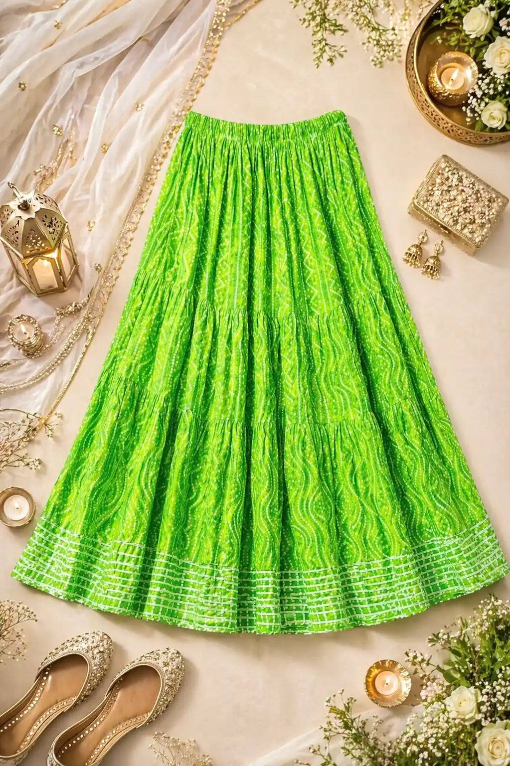 Green Bandhej Jaipuri Twirl Skirt
