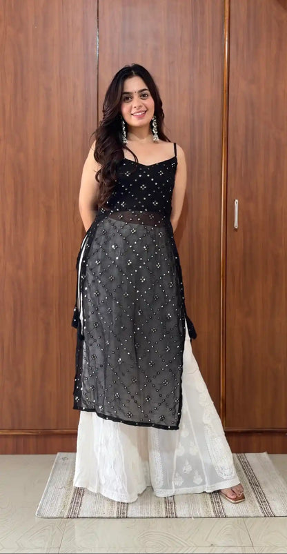 Black Hand Embellished Mirror Kurta