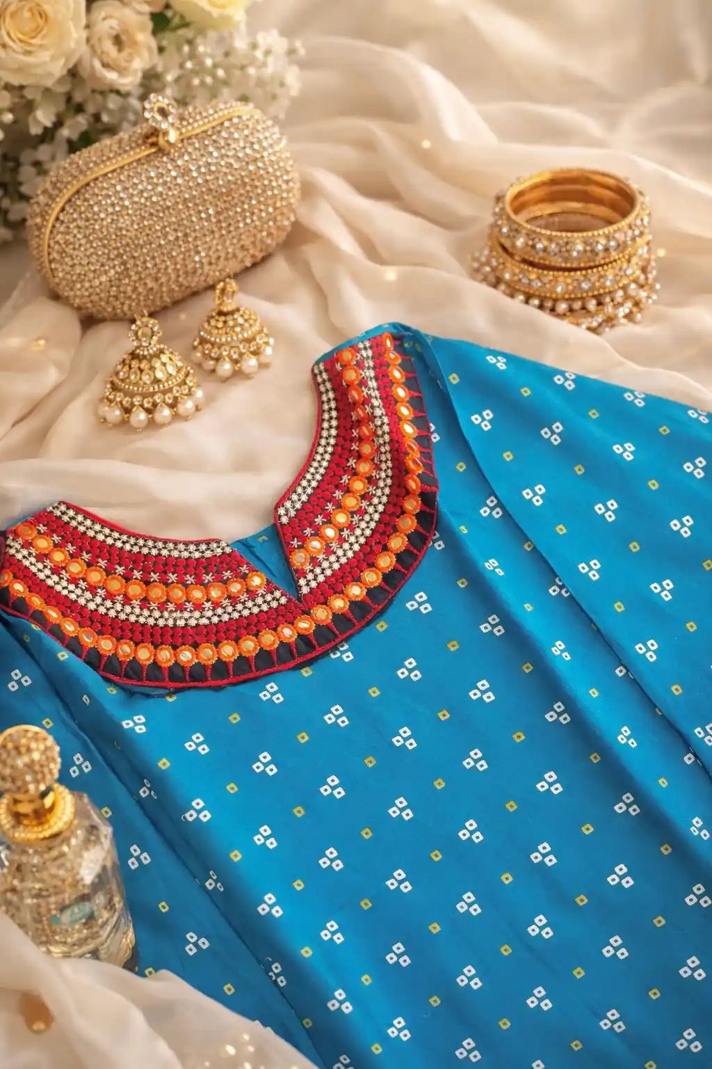 Gold Blue Bandhej Short Kurta