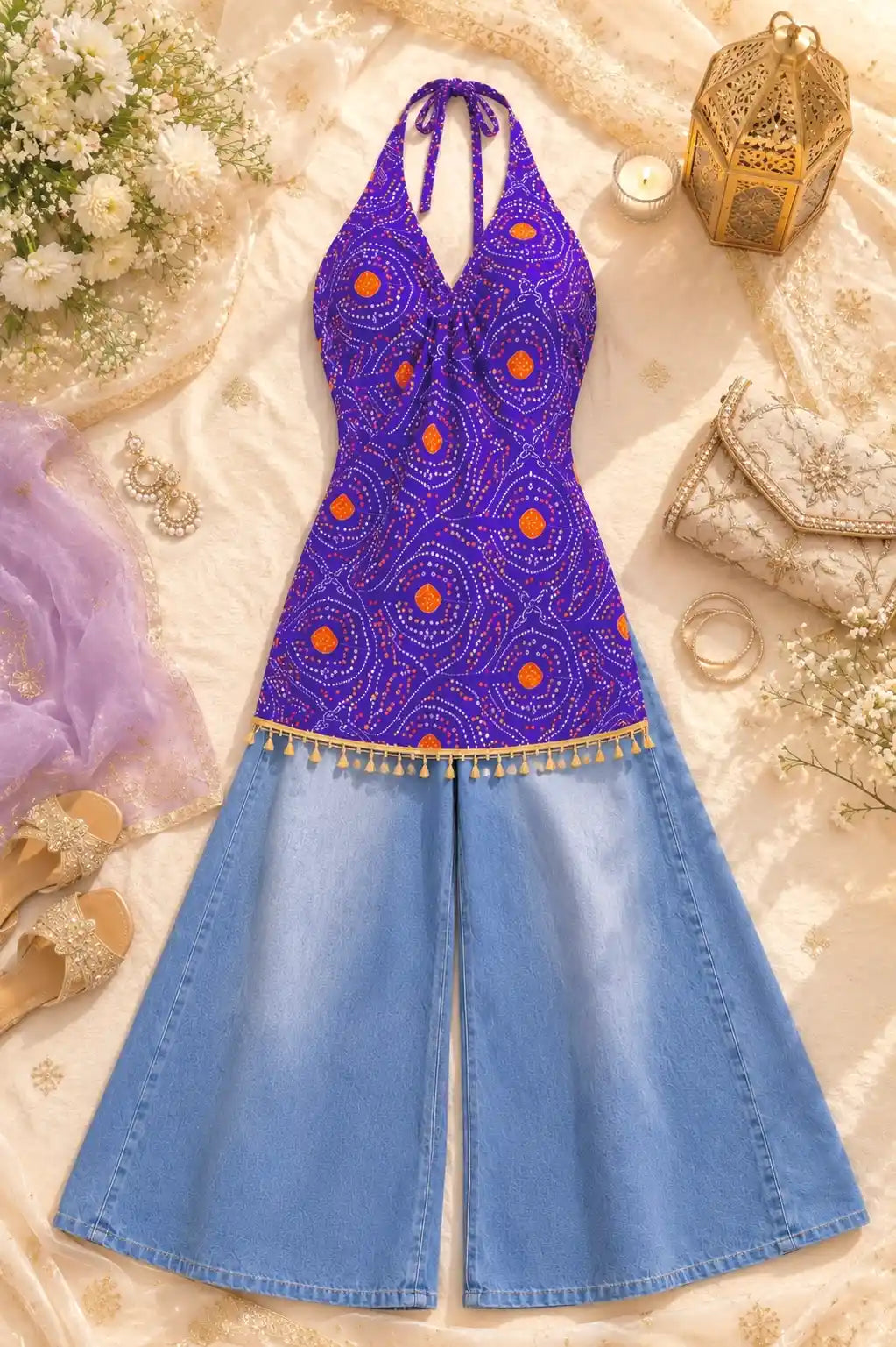 Boho Bloom Purple Bandhej Top