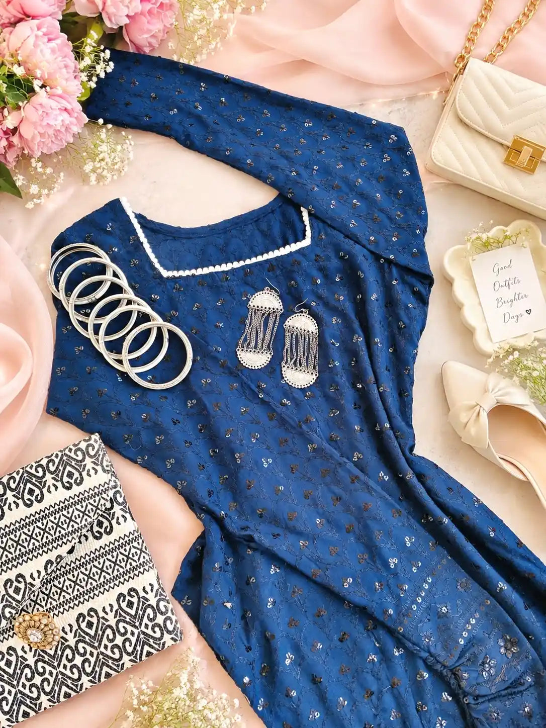 Gulnaz Blue Sequin Embroidered Kurta